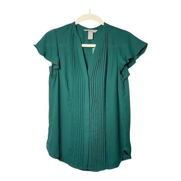 H&M Teal Green Flutter Sleeve Blouse NWT Size 6 EUR 38 V-Neck Tuxedo Pleat - Picture 10 of 10